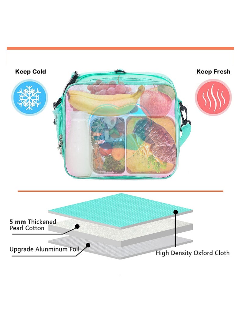Children's Lunch Box, Rainbow Laser Tote Leakproof Insulated Lunch Bag Reusable Insulated Bento Bag Picnic Ice Bag Girls Simple Shoulder Bag for School and Outdoor Backpack (Green) - Image 3