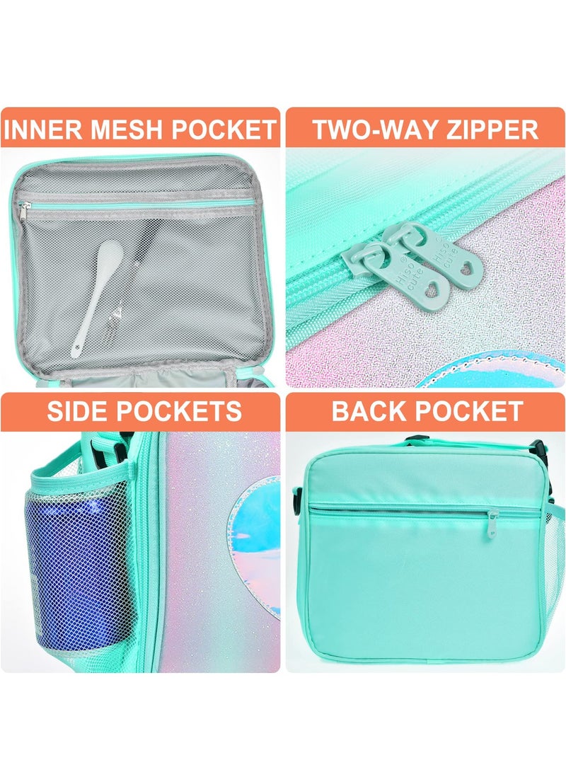 Children's Lunch Box, Rainbow Laser Tote Leakproof Insulated Lunch Bag Reusable Insulated Bento Bag Picnic Ice Bag Girls Simple Shoulder Bag for School and Outdoor Backpack (Green) - Image 5