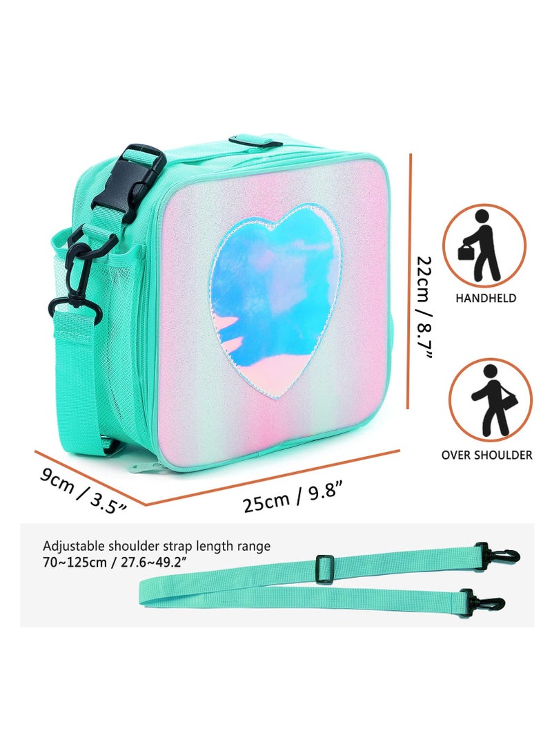 Children's Lunch Box, Rainbow Laser Tote Leakproof Insulated Lunch Bag Reusable Insulated Bento Bag Picnic Ice Bag Girls Simple Shoulder Bag for School and Outdoor Backpack (Green) - Image 2