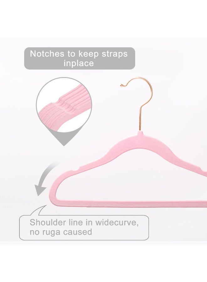 MIZGI MIZGI Premium Kids Velvet Hangers (Pack of 50) with Copper/Rose Gold Hooks, Space Saving Ultra Thin, Non Slip Baby Hangers for Children's Skirt Dress Pants, Clothes Hangers by (Pink)  - Image 2