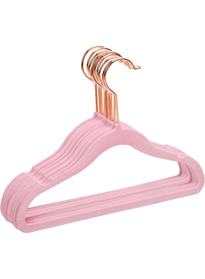 MIZGI MIZGI Premium Kids Velvet Hangers (Pack of 50) with Copper/Rose Gold Hooks, Space Saving Ultra Thin, Non Slip Baby Hangers for Children's Skirt Dress Pants, Clothes Hangers by (Pink)  - Image 1