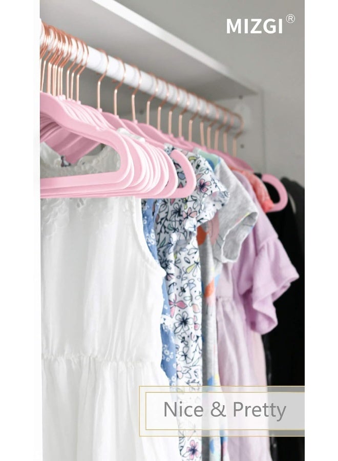 MIZGI MIZGI Premium Kids Velvet Hangers (Pack of 50) with Copper/Rose Gold Hooks, Space Saving Ultra Thin, Non Slip Baby Hangers for Children's Skirt Dress Pants, Clothes Hangers by (Pink)  - Image 5
