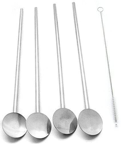 CocoStraw 4 Spoon Straws Stirrer Stainless Steel 4 Pack + Cleaning Brush Drinking Straws Metal Reuseable Drinking Mixing Cocktail Eco Friendly Green - Image 2