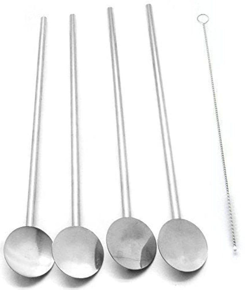 CocoStraw 4 Spoon Straws Stirrer Stainless Steel 4 Pack + Cleaning Brush Drinking Straws Metal Reuseable Drinking Mixing Cocktail Eco Friendly Green - Image 1