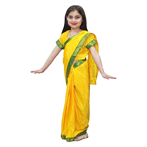 Kaku Fancy Dresses Polyester Indian Wear Pre-Stiched Saree With Blouse -Yellow, 7-8 Years, For Girls - Image 1