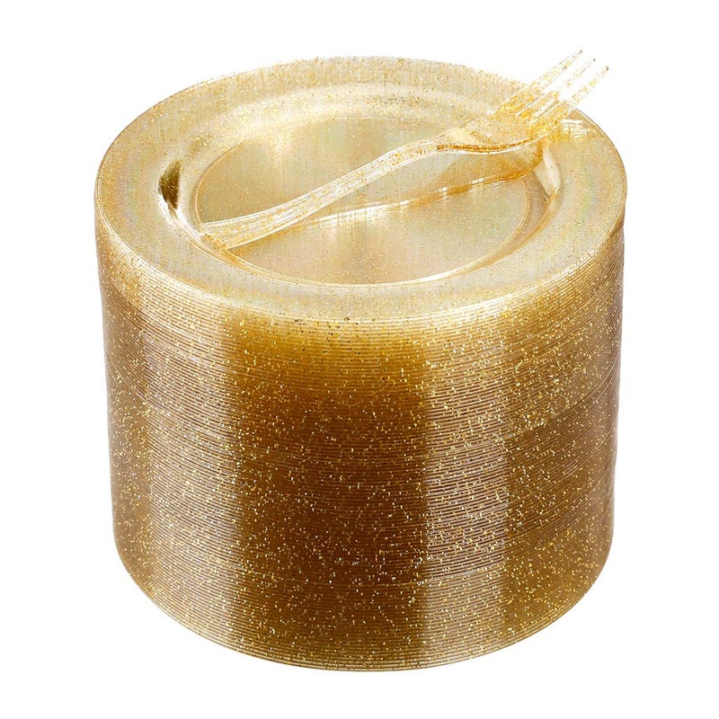 WELLIFE 120 Guests Gold Glitter Plastic Plates and Dessert Forks 65 inch Disposable Dessert Plates Durable Plastic Small Forks Perfect for Catering Parties Weddings regular