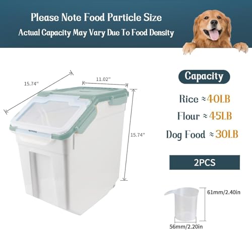 YXQ Rice Storage Container 2 Pack 50 lb Flour Storage Container with Wheels, BPA Free Food Storage Container with Measuring Cup Dog Cat Food Bin Set for Dry Food Sugar, Cereal-Green - Image 3