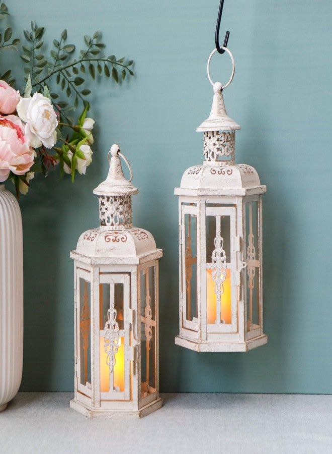 JHY DESIGN Set of 2 Rustic Decorative Lanterns 10" H Vintage Hanging Lantern Metal Candleholder for Indoor Outdoor, Events, Parities, Patio and Wedding(White with Gold Brush) - Image 1