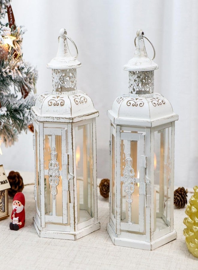 JHY DESIGN Set of 2 Rustic Decorative Lanterns 10" H Vintage Hanging Lantern Metal Candleholder for Indoor Outdoor, Events, Parities, Patio and Wedding(White with Gold Brush) - Image 4