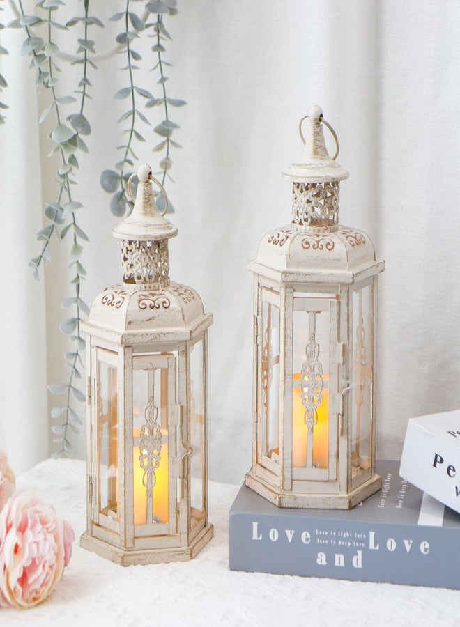 JHY DESIGN Set of 2 Rustic Decorative Lanterns 10" H Vintage Hanging Lantern Metal Candleholder for Indoor Outdoor, Events, Parities, Patio and Wedding(White with Gold Brush) - Image 5
