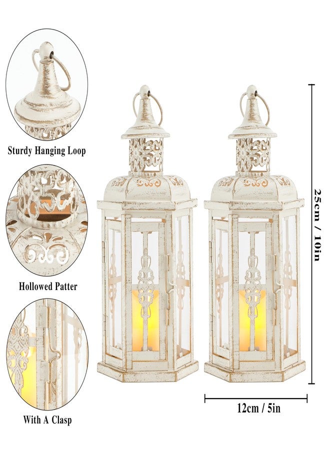 JHY DESIGN Set of 2 Rustic Decorative Lanterns 10" H Vintage Hanging Lantern Metal Candleholder for Indoor Outdoor, Events, Parities, Patio and Wedding(White with Gold Brush) - Image 3