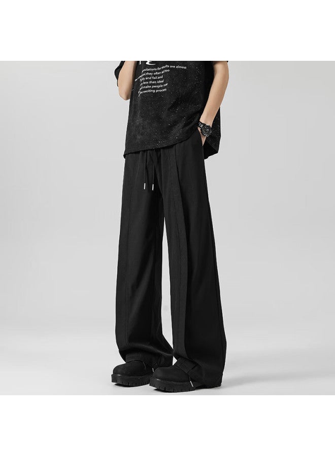Homlean American-style Pleated Casual Pants For Men, Spring And Summer Straight-leg Wide-leg Ice Silk Cool-feeling Versatile Sweatpants Jc08 Black 3XL - Image 1