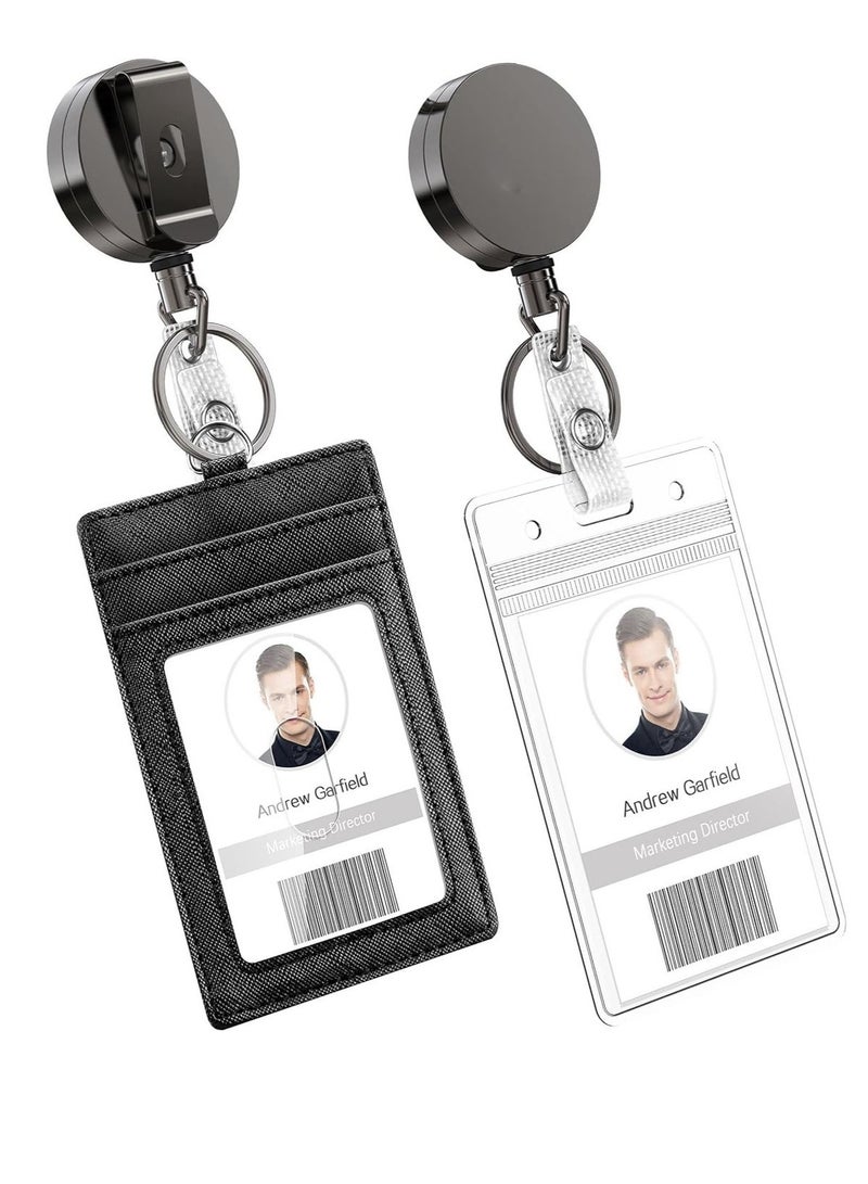 Generic 2PCS Heavy Duty Vertical ID Badge Holder with Metal Retractable Reel, PU Leather Waterproof Card Holder with Key Ring and Belt Clip  - Image 1