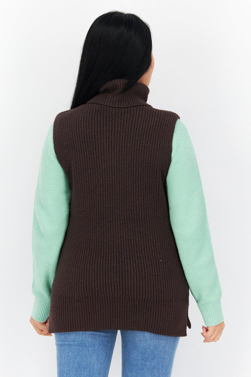 COMMA Women Mock Neck Sleeveless Textured Sweater, Brown - Image 3