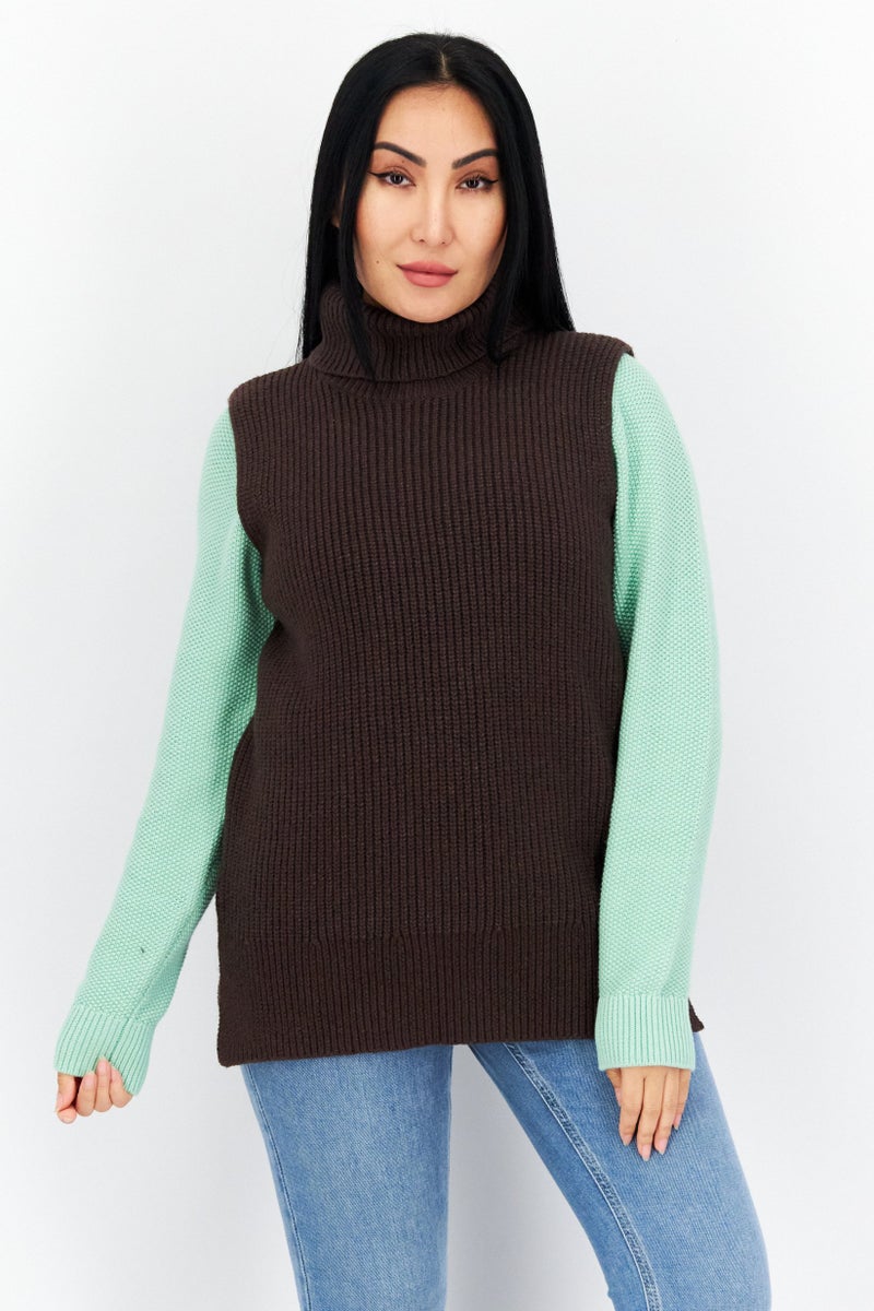 COMMA Women Mock Neck Sleeveless Textured Sweater, Brown - Image 1