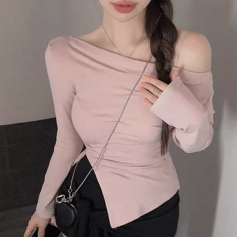 South Korea East Gate Gentle Little Woman ~ Pure Desire Spice Girl Wind ~ Shoulder Slant Split Shown Figure Long Sleeve Joker T-Shirt - Image 2