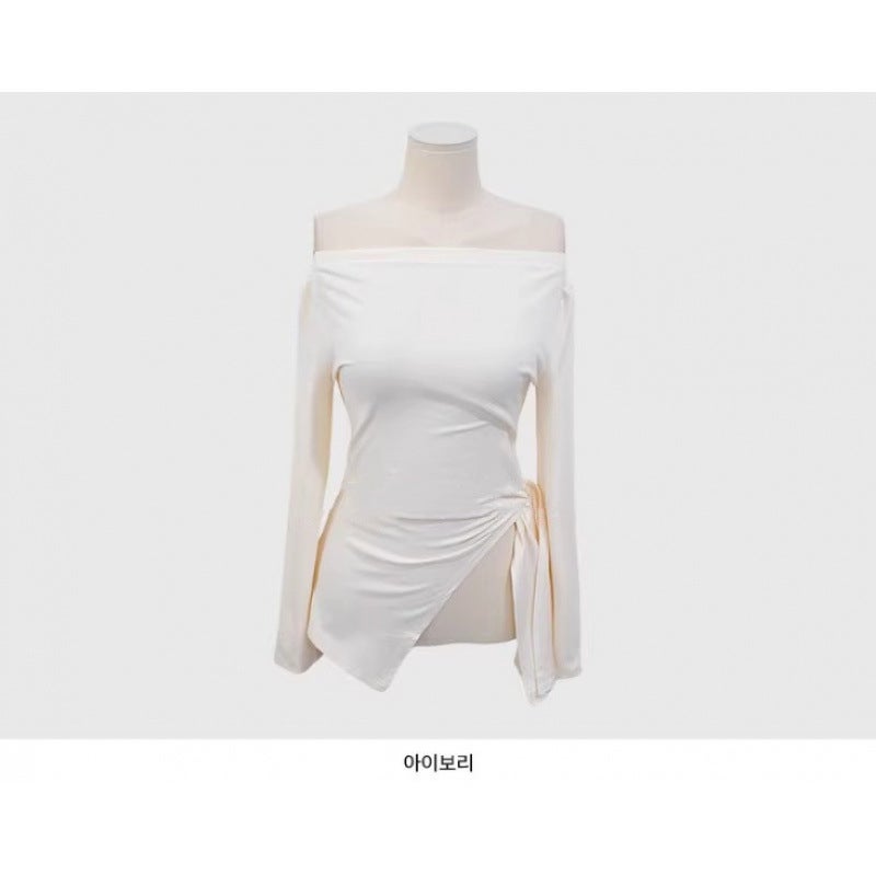 South Korea East Gate Gentle Little Woman ~ Pure Desire Spice Girl Wind ~ Shoulder Slant Split Shown Figure Long Sleeve Joker T-Shirt - Image 1
