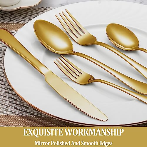 MUTNITT 30 Pcs Gold Silverware Set Service for 6, Premium Stainless Steel Flatware Set, Cutlery Utensil Set, Durable Home Kitchen Eating Tableware Set, Include Fork Knife Spoon Set, Dishwasher Safe - Image 4