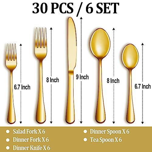 MUTNITT 30 Pcs Gold Silverware Set Service for 6, Premium Stainless Steel Flatware Set, Cutlery Utensil Set, Durable Home Kitchen Eating Tableware Set, Include Fork Knife Spoon Set, Dishwasher Safe - Image 2