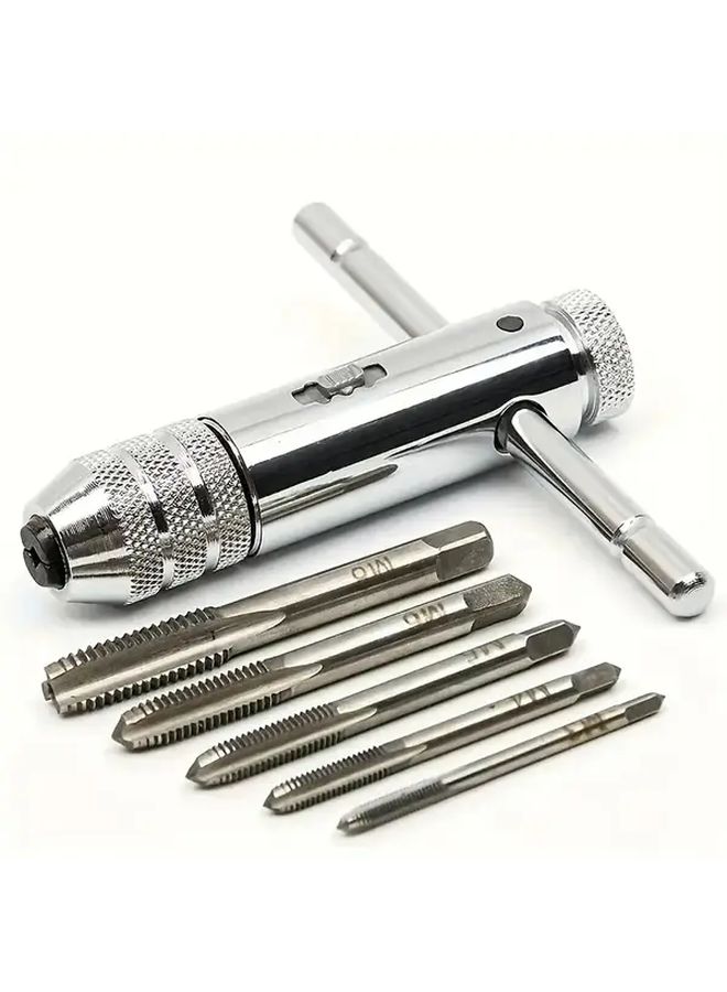 6-Piece Steel T-Handle Ratcheting Tap Wrench Set with M3 to M8 Threading Dies - Image 2