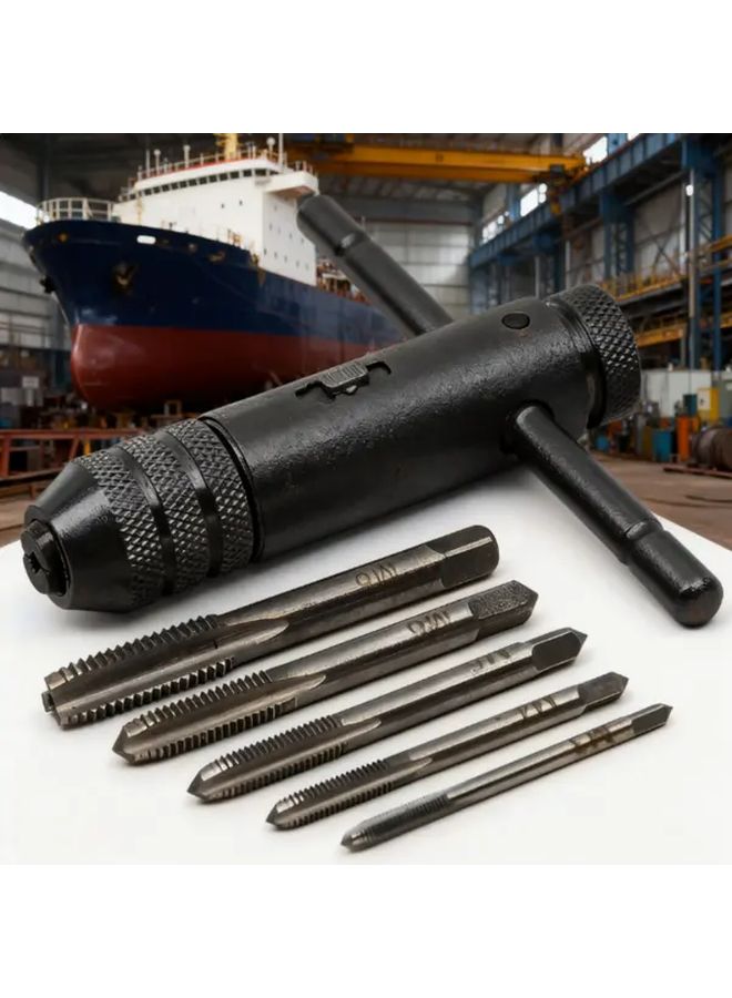 6-Piece Steel T-Handle Ratcheting Tap Wrench Set with M3 to M8 Threading Dies - Image 1