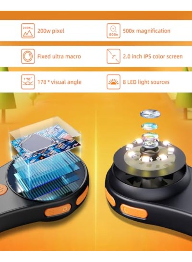 Digital microscope, fixed focus, handheld magnifier, 2-inch colour screen, 2 million pixels, 500x magnification, built-in 8 LED lights, compatible with Windows and Mac OS (white) - Image 4