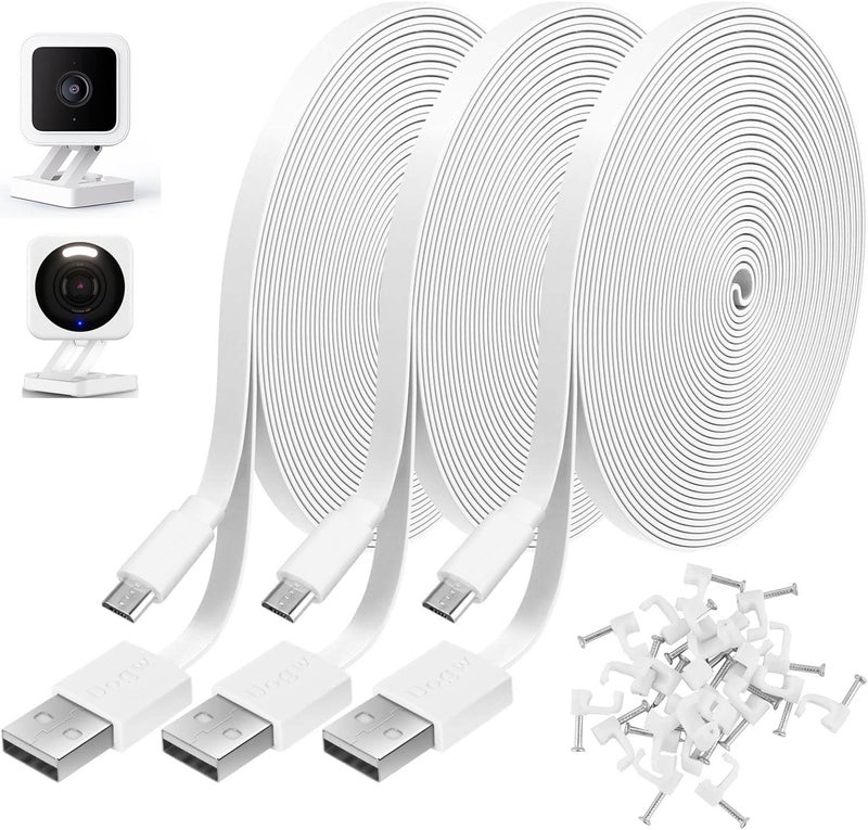 يو او جي دبليو 3 حزمة كابل تمديد الطاقة بطول 10 أقدام متوافق مع كاميرات Wyze، Eufy، Kasa، Nest، Blink - كابل شحن ومزامنة بيانات من نوع USB إلى Micro USB متين لكاميرات المراقبة - Image 1