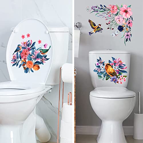 LiveGallery 3PCS Birds and Flowers Bathroom Toilet Seat Wall Sticker Self-Adhesive Pink Purple Floral Toilet Lid Decals DIY Removable Watercolor Bouquet Toilets Stickers for Cistern Bathroom WC Restroom Decor (A) - Image 5