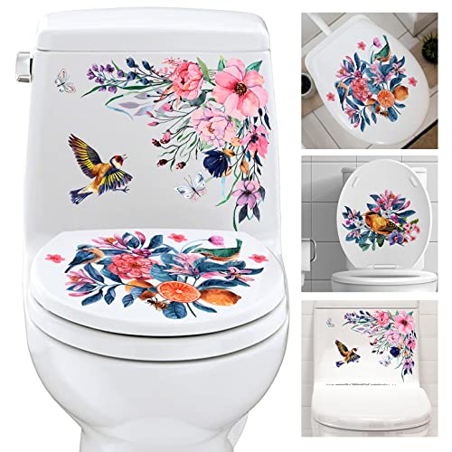 LiveGallery 3PCS Birds and Flowers Bathroom Toilet Seat Wall Sticker Self-Adhesive Pink Purple Floral Toilet Lid Decals DIY Removable Watercolor Bouquet Toilets Stickers for Cistern Bathroom WC Restroom Decor (A) - Image 1