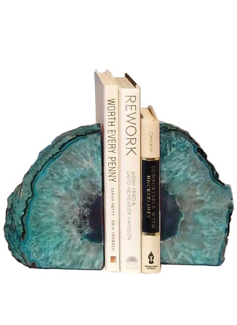 AMOYSTONE Agate Geode Bookends Heavy Duty Stone Book Ends Decorative Bookend Holder Home Office Decor with Rubber Bumpers Teal 1 Pair 23 LBS