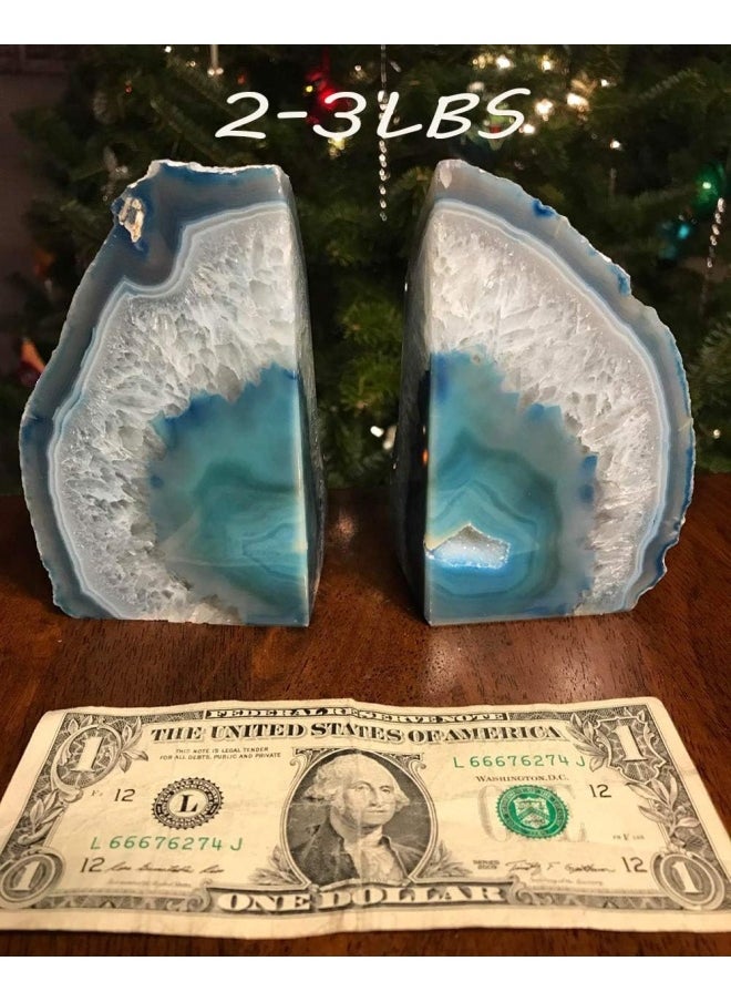 AMOYSTONE Agate Geode Bookends Heavy Duty Stone Book Ends Decorative Bookend Holder Home Office Decor with Rubber Bumpers Teal 1 Pair 23 LBS