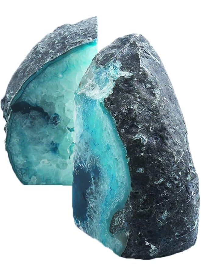 AMOYSTONE Agate Geode Bookends Heavy Duty Stone Book Ends Decorative Bookend Holder Home Office Decor with Rubber Bumpers Teal 1 Pair 23 LBS