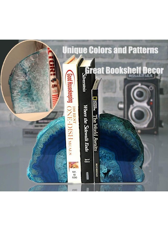 AMOYSTONE Agate Geode Bookends Heavy Duty Stone Book Ends Decorative Bookend Holder Home Office Decor with Rubber Bumpers Teal 1 Pair 23 LBS