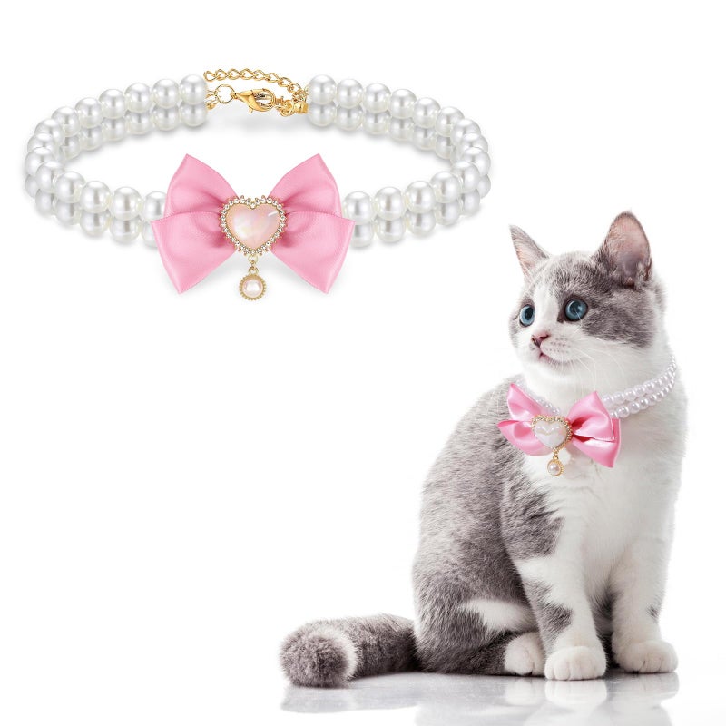 HOWWFALY Dog Pearl Collar and Cat Princess Bow Collars Gold Chain Necklace Stainless Steel Adjustable Cute Pet Heart Shape Pendant Collar for Small Medium Pets Cats Dogs Kitten Puppy - Image 1
