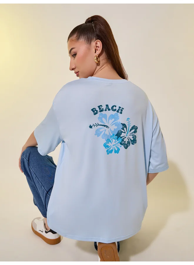 تايك تو Take Two Back Graphic Print Round Neck Oversized T-Shirt