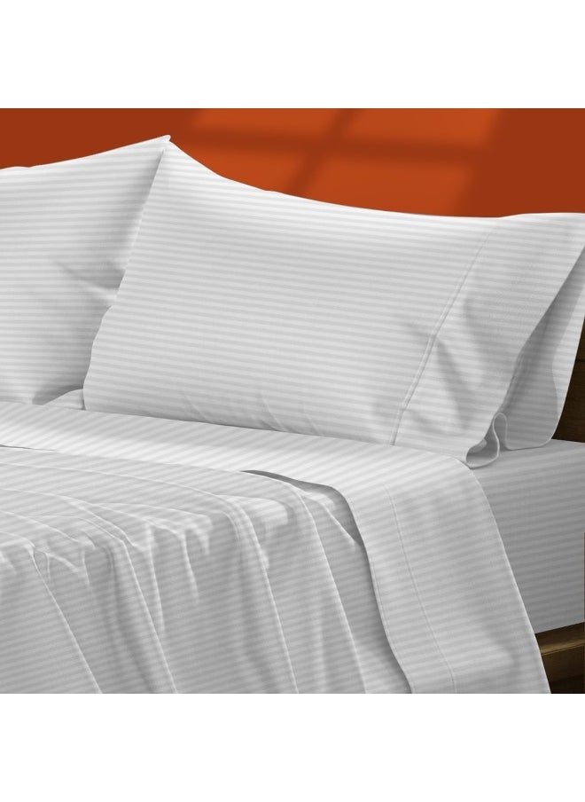 Generic - Pure Egyptian Cotton Bed Sheets (Queen, 600 Thread Count) White Stripe Sheets and Pillow Cases Set (4 Pc) - Image 1