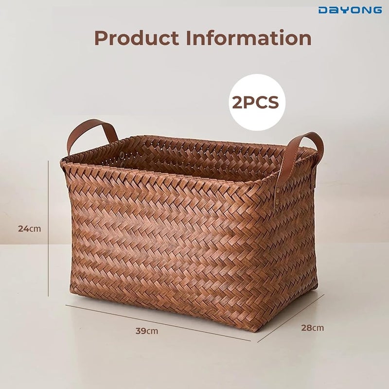 DAYONG Woven Storage Basket, Multipurpose Open Storage Bins, Shelf Baskets, Car Trunk Organizer Basket, Wicker Bins Organizers for Shelves, Closet, Car, Bedroom, Bathroom (Brown*2 PCS) - Image 2