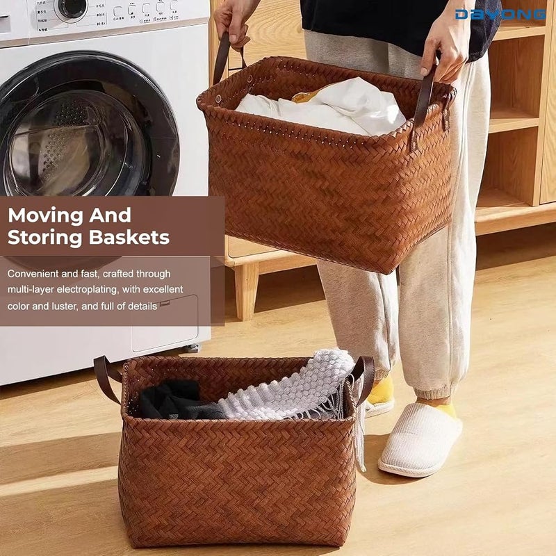 DAYONG Woven Storage Basket, Multipurpose Open Storage Bins, Shelf Baskets, Car Trunk Organizer Basket, Wicker Bins Organizers for Shelves, Closet, Car, Bedroom, Bathroom (Brown*2 PCS) - Image 4