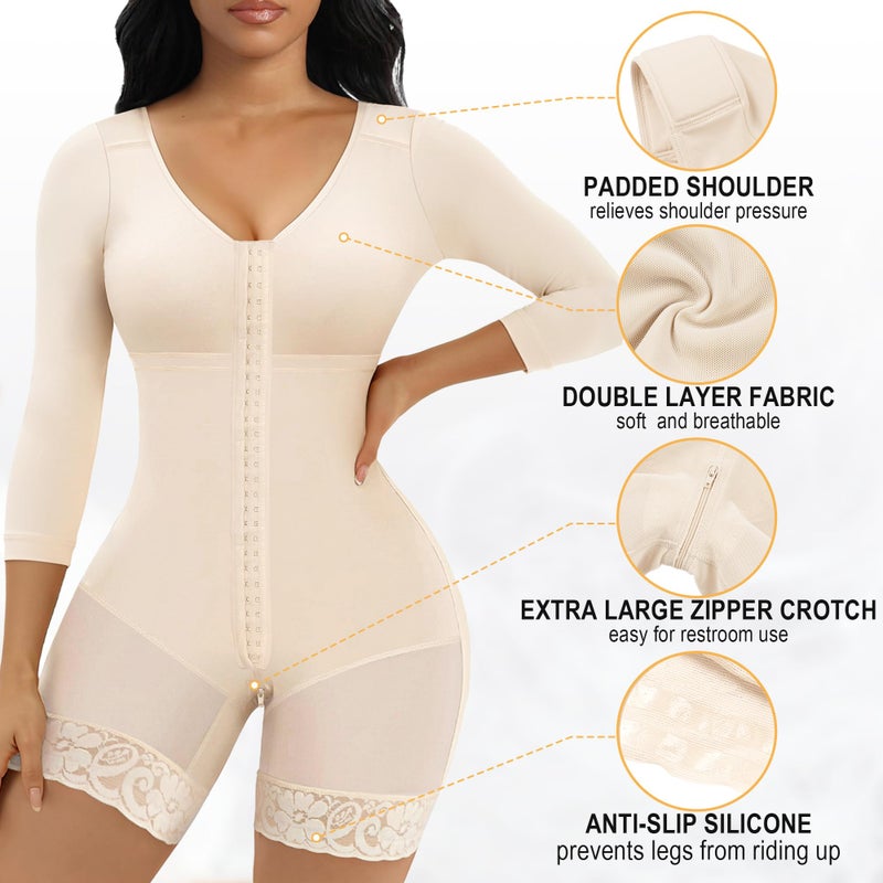 SHAPERX Women's Fajas Colombianas Shapewear Postpartum Tummy Control Arm Slimming Full Body Shaper with Zipper Crotch, SZ7503-Beige-L - Image 4