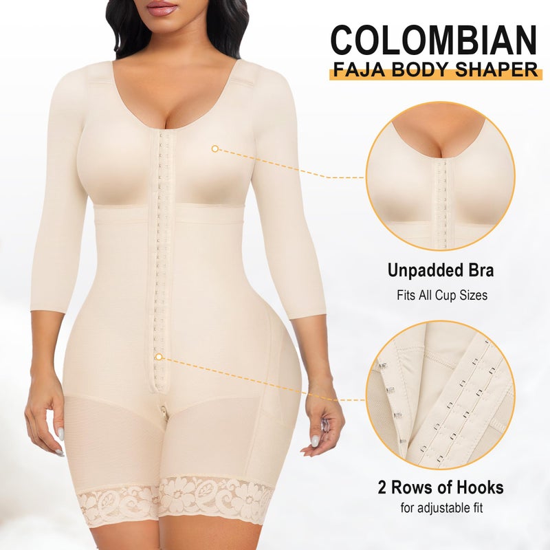 SHAPERX Women's Fajas Colombianas Shapewear Postpartum Tummy Control Arm Slimming Full Body Shaper with Zipper Crotch, SZ7503-Beige-L - Image 3