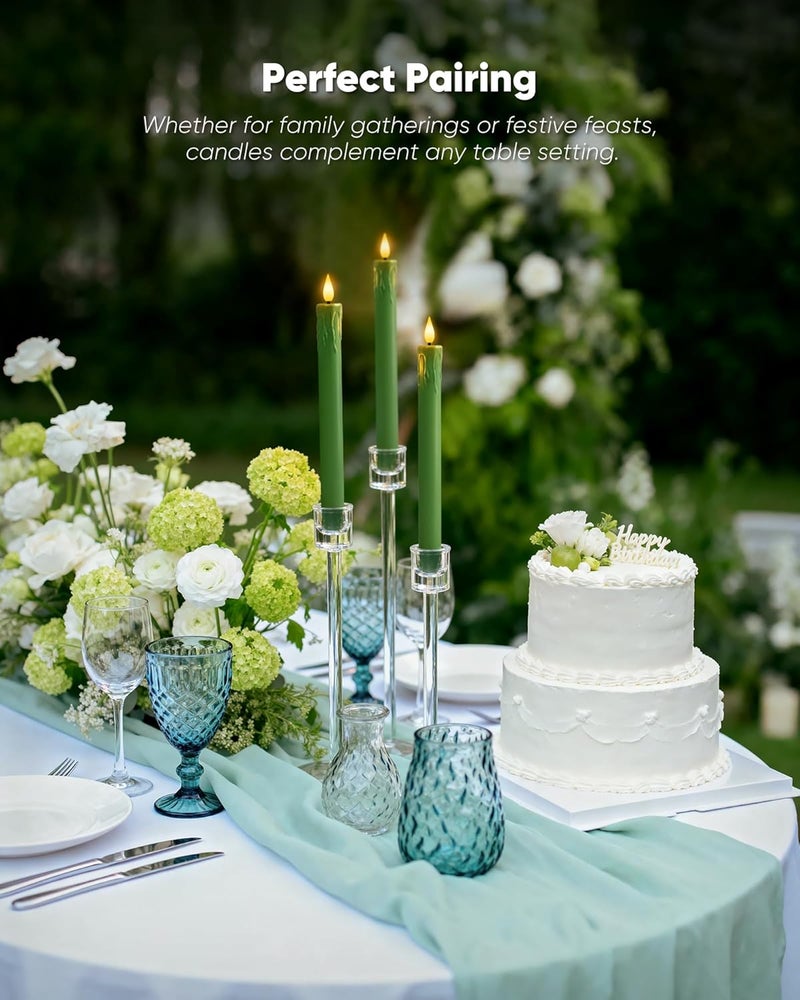 Homemory 6 Pcs Real Wax Green Flameless Taper Candles with Remote Timer, 9.6 Inches LED Fake Candlesticks, LED Candle with 3D Flickering Flame for Romantic Wedding, Dinner, Xmas Anniversary Decor - Image 3
