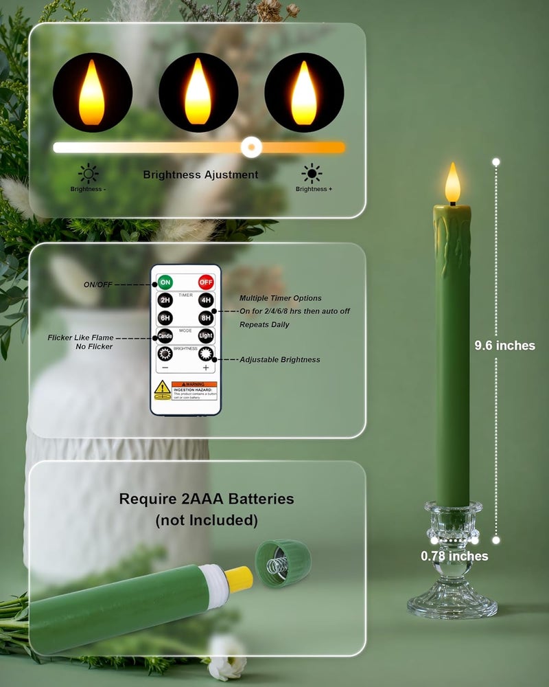 Homemory 6 Pcs Real Wax Green Flameless Taper Candles with Remote Timer, 9.6 Inches LED Fake Candlesticks, LED Candle with 3D Flickering Flame for Romantic Wedding, Dinner, Xmas Anniversary Decor - Image 5