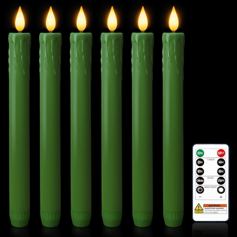 Homemory 6 Pcs Real Wax Green Flameless Taper Candles with Remote Timer, 9.6 Inches LED Fake Candlesticks, LED Candle with 3D Flickering Flame for Romantic Wedding, Dinner, Xmas Anniversary Decor - Image 1