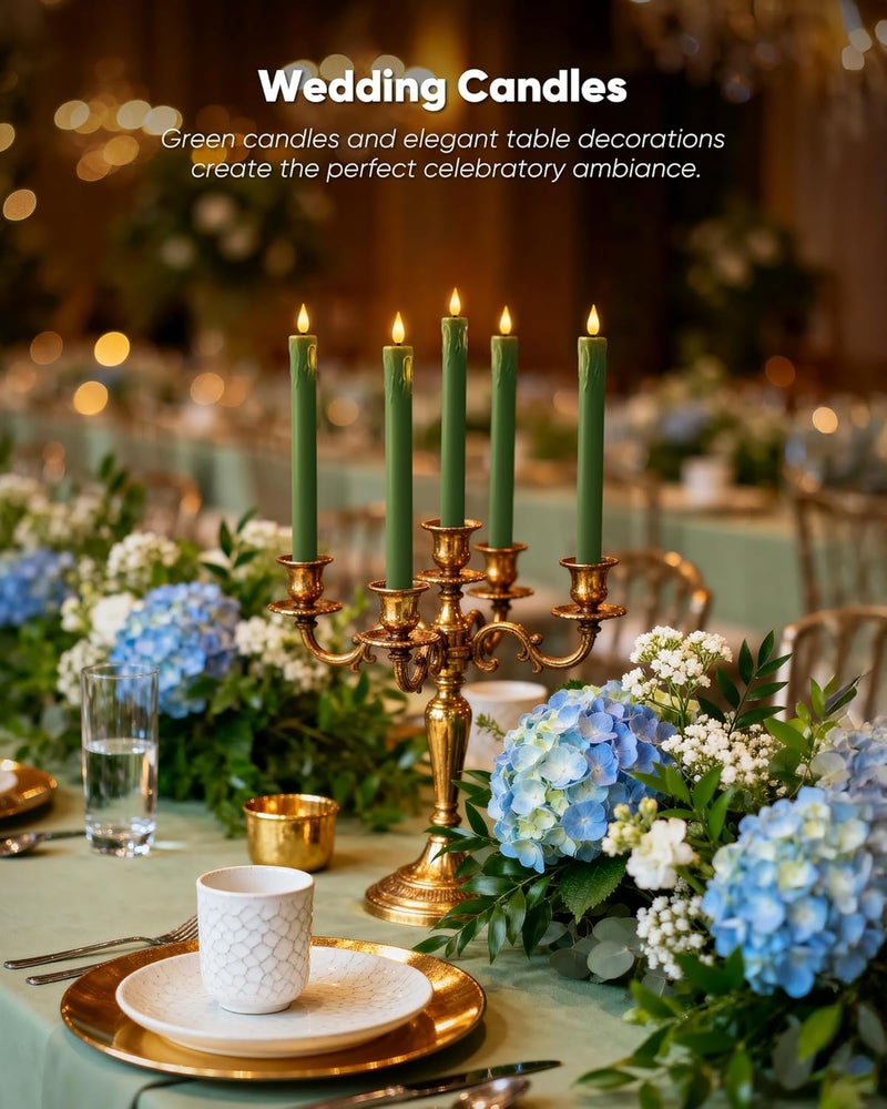 Homemory 6 Pcs Real Wax Green Flameless Taper Candles with Remote Timer, 9.6 Inches LED Fake Candlesticks, LED Candle with 3D Flickering Flame for Romantic Wedding, Dinner, Xmas Anniversary Decor - Image 2