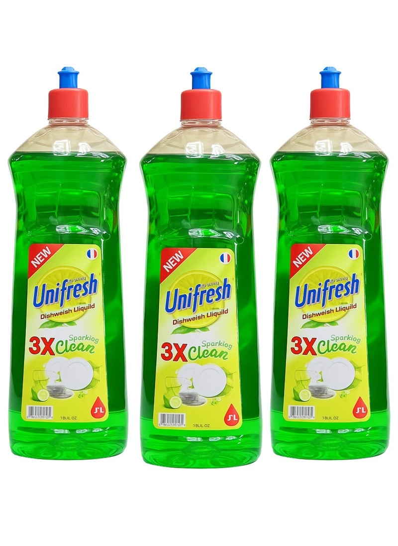 Unifresh Dishwashing Liquid Lime Green 1L (Pack of 3) - Powerful Grease Removal, Fresh Lime Scent, Antibacterial Formula for Sparkling Clean Dishes  - Image 1