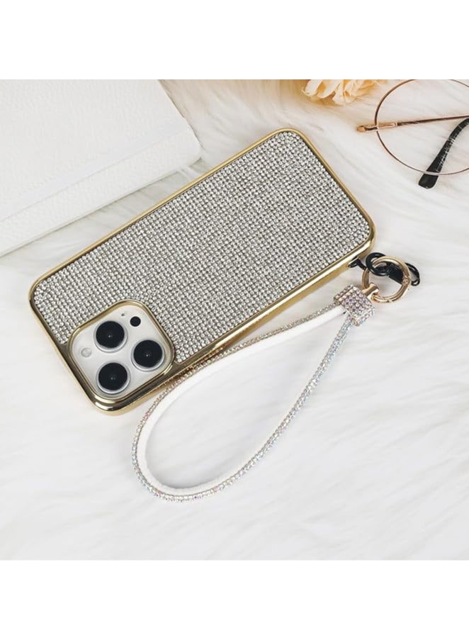 Crystal Rhinestone Lanyard with Key Ring, silver Strap, Gold Ring Accent, Phone and Card Holder(15cm)