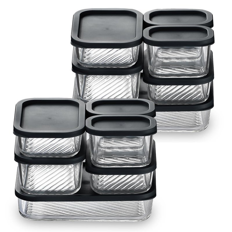 EATEX 12 Pack Glass Meal Prep Containers with Grooved Base, 12 Stackable BPA Free Glass Storage Containers with Lids for Lunch, Pantry, and Kitchen - Microwave, Dishwasher Freezer & Oven Safe - Black - Image 1