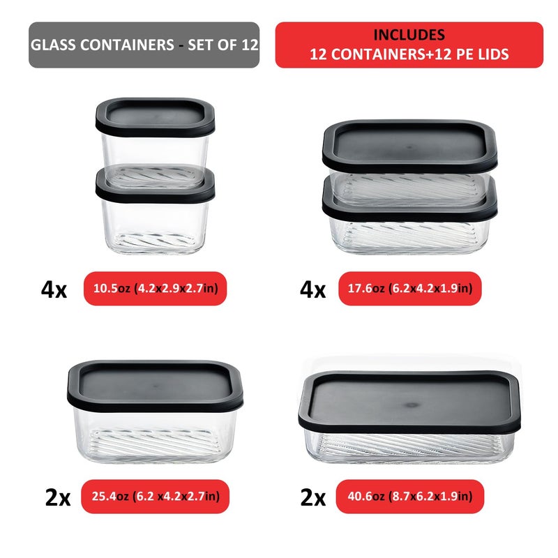 EATEX 12 Pack Glass Meal Prep Containers with Grooved Base, 12 Stackable BPA Free Glass Storage Containers with Lids for Lunch, Pantry, and Kitchen - Microwave, Dishwasher Freezer & Oven Safe - Black - Image 2