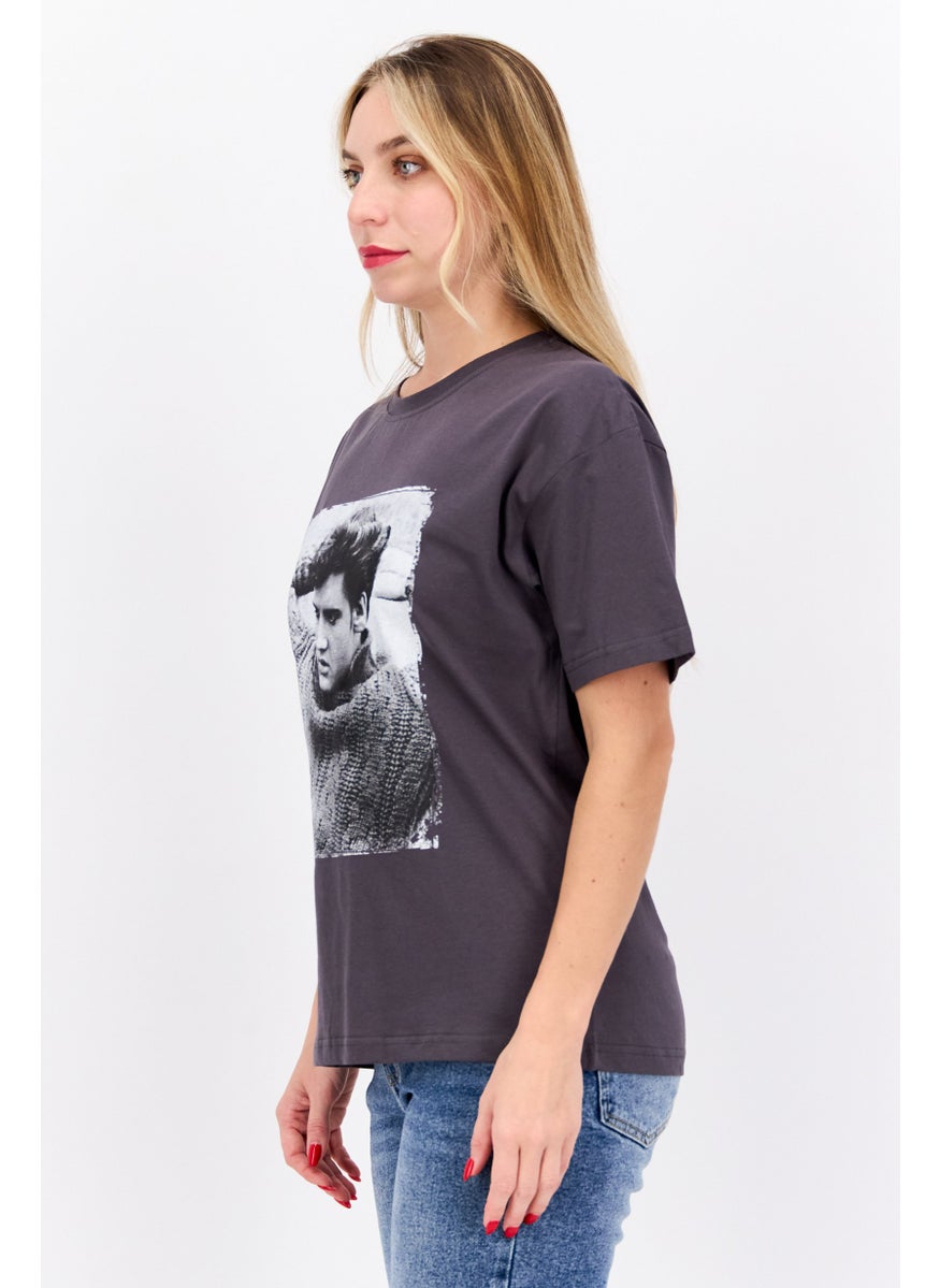 Elvis Presley - Women Crew Neck Short Sleeves Graphic Printed T-Shirt, Charcoal - Image 1