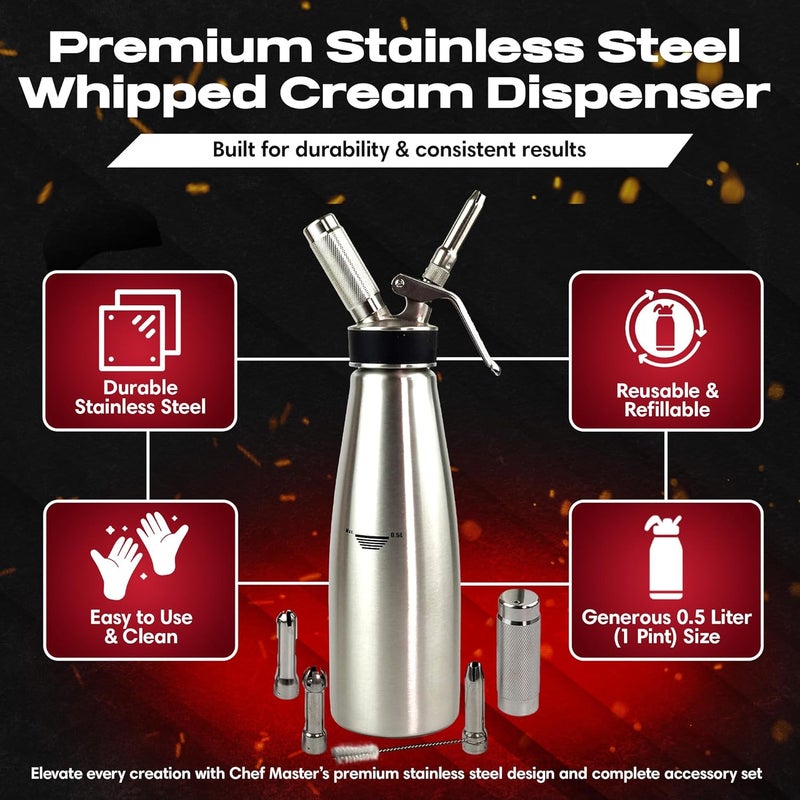 Chefmaster (1 Pint / 0.5 Liter) Stainless Steel Whipped Cream Dispenser - Decorating Tips for Desserts, Latte + Cleaning Brush - Whip Cream Dispenser Canister for Home, Bakery or Restaurant - 90078 - Image 2
